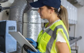 Technician and cleaner working together to maintain an indoor air quality system.